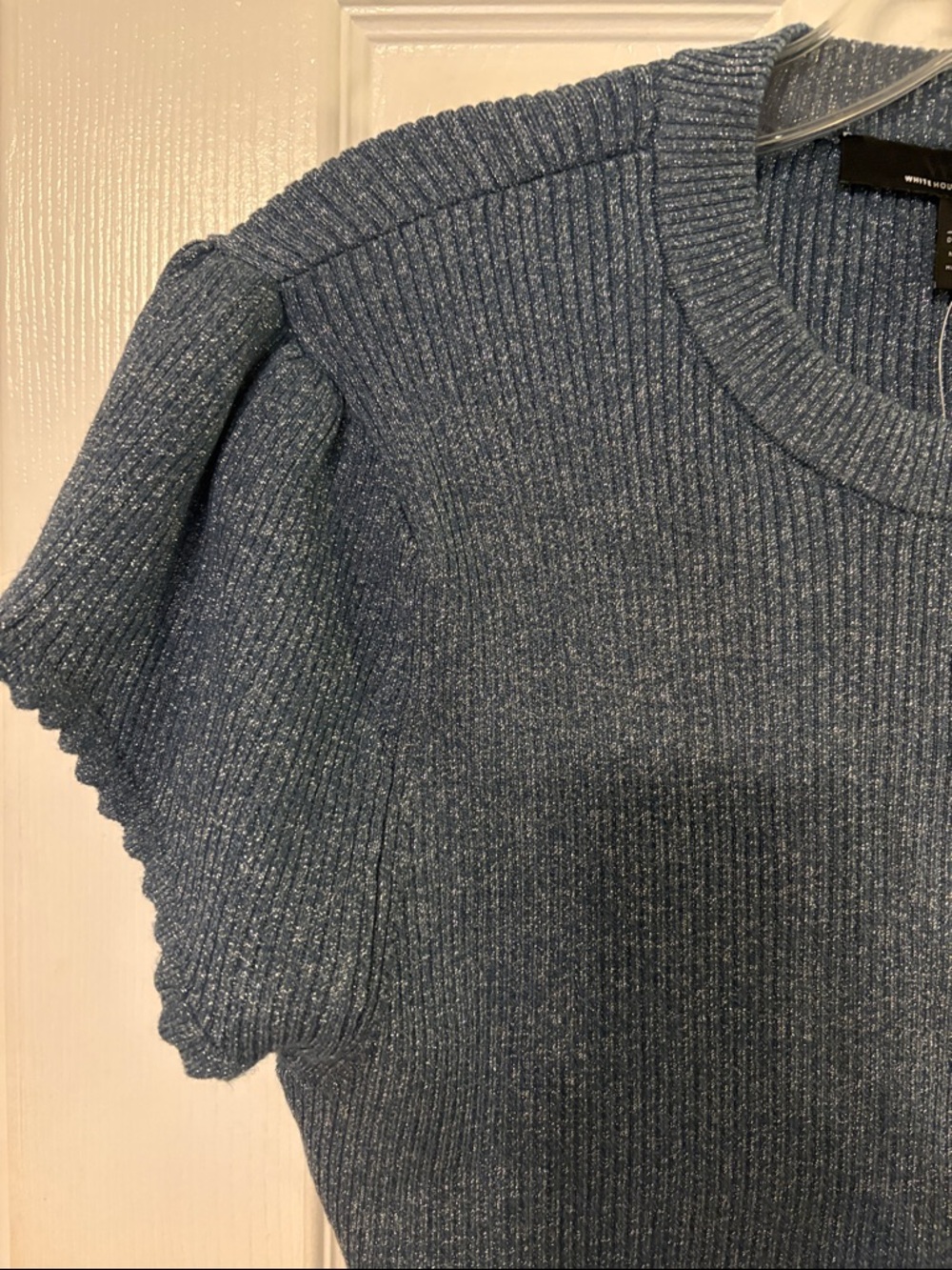 Whit House Black Market NWT shimmer Scalloped Ribbed Short Sleeve Sweater - Blue - Picture 6 of 12